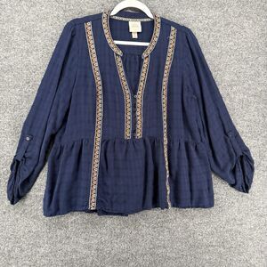 Old Navy Blouse Top Womens XL Blue Embroidered Boho Peasant Cottagecore Western